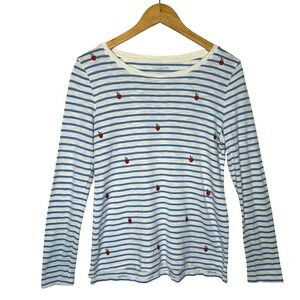 Blue White Striped Apple Embroidered Top Small S Cotton Modal Blend Teacher